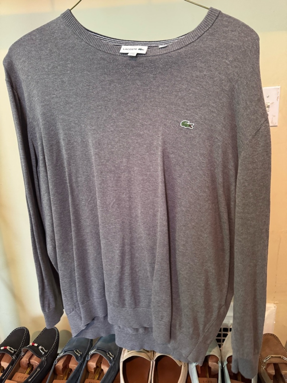Lacoste Charcoal Gray Crewneck Sweater with Green Croc Accent